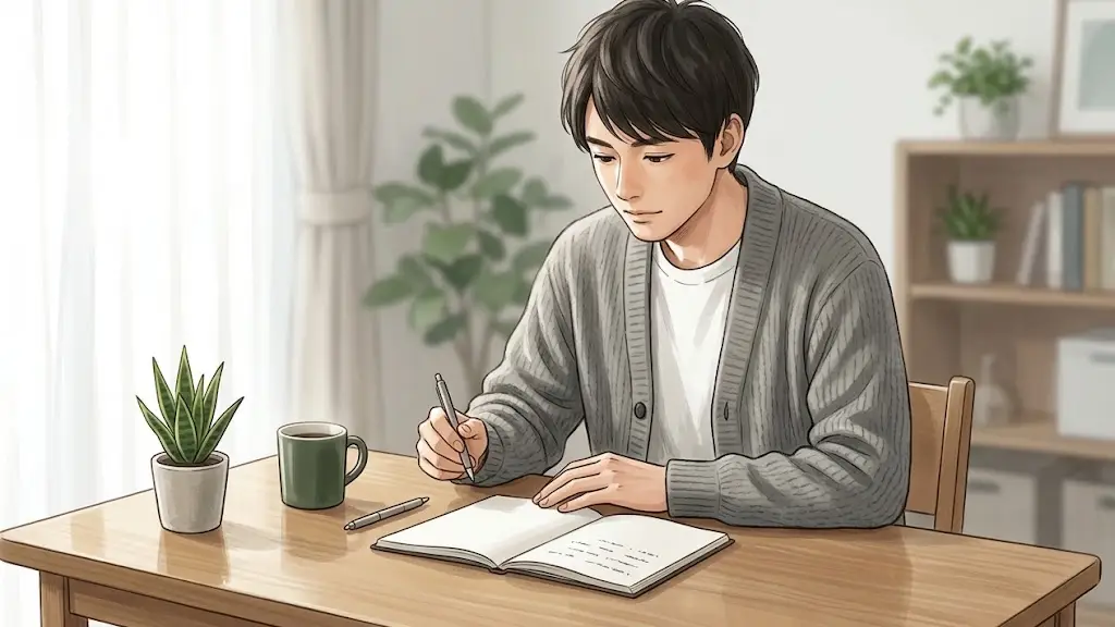 整理整頓されたシンプルなデスクで数行のメモが書かれたノートを見つめる日本人男性