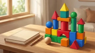 バランスよく組み合わされた色とりどりの木製ブロックとノートが置かれた机