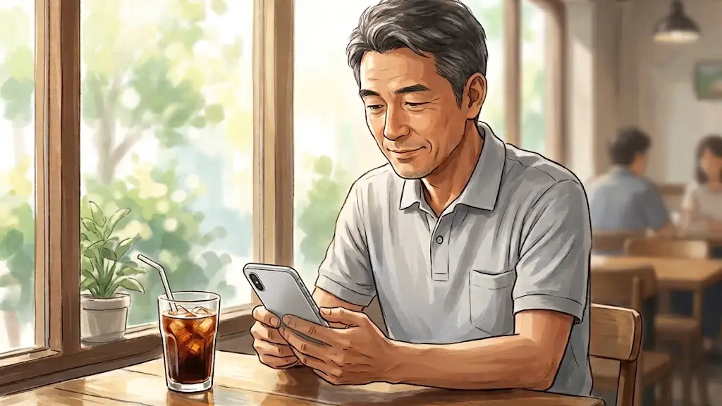 カフェの窓際でスマートフォンを操作する日本人男性