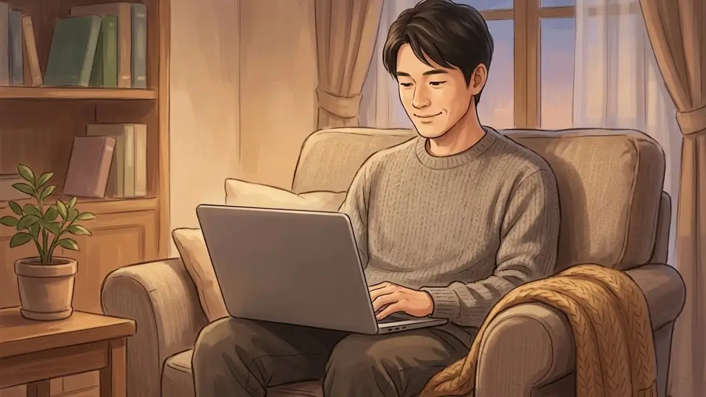 一人掛けのソファに座り画面の文章を穏やかな表情で読み返す日本人男性