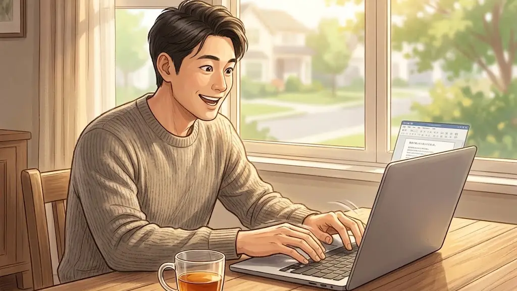 ひらめきを得てノートパソコンに向かい生き生きとタイピングする日本人男性
