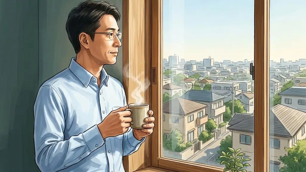 窓辺で街並みを眺めながらマグカップを手にする中年の日本人男性