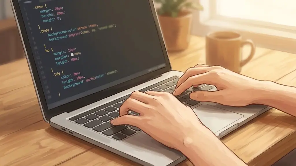 ノートPCのキーボードに手を添えて入力作業を行う日本人