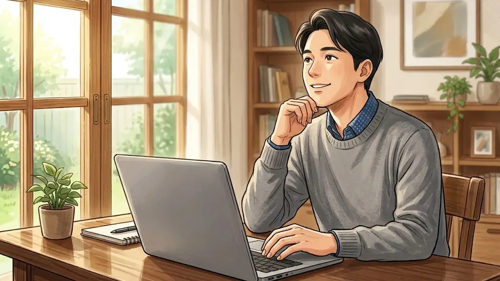 ノートパソコンの手前で前向きな表情を浮かべる日本人男性