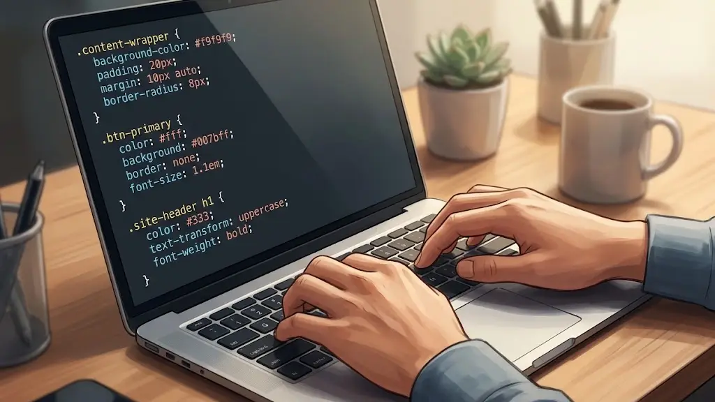 ノートPCの画面に向かってスタイルシートのコードを入力する手元