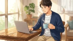 日差しが差し込む部屋でコーヒーを片手にノートパソコンを開いて穏やかに過ごす日本人男性