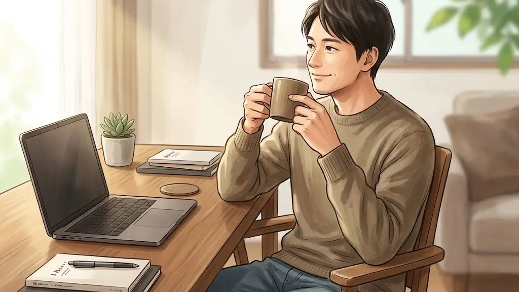 作業を終えてデスクのマグカップを手に取りひと息つく男性
