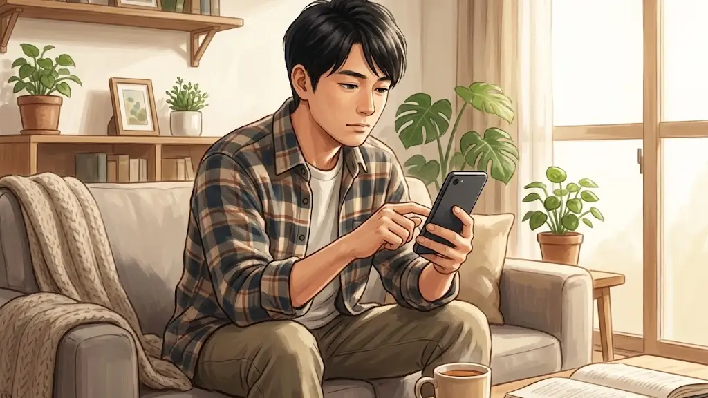 スマートフォンを見つめながら退屈そうに画面をスクロールする日本人男性