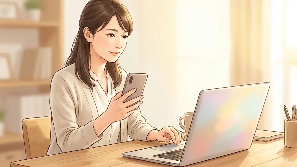 ノートPCの画面を見ながらスマートフォンを手元で操作する日本人