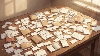 木の机の上に並べきれず無数に散らばった投資カードと書類