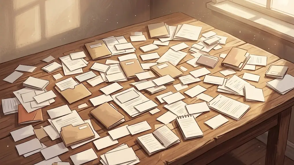 木の机の上に並べきれず無数に散らばった投資カードと書類