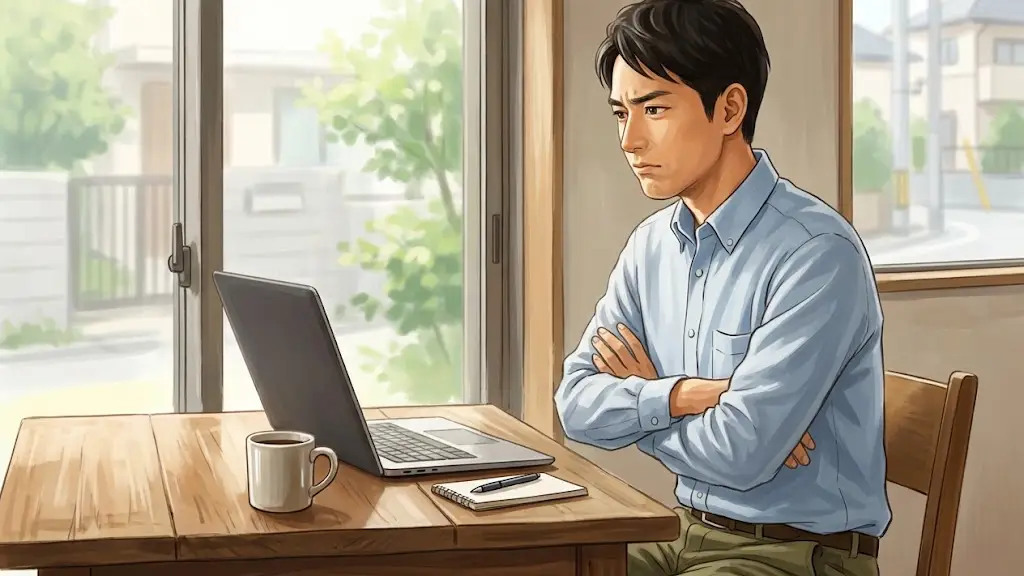 デスクでノートパソコンの画面を見つめ腕を組んで考え込む日本人男性