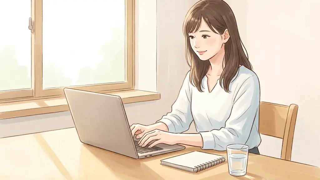 明るいリビングのデスクでリラックスした様子でノートパソコンを操作する日本人女性