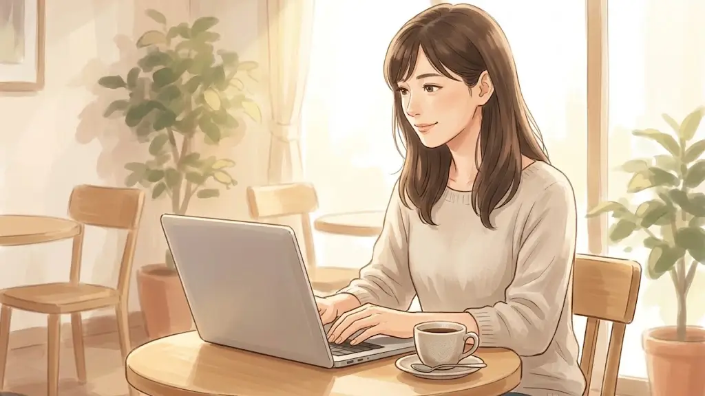 カフェのテーブルでノートパソコンを開き、リラックスした様子で画面を見つめる日本人女性