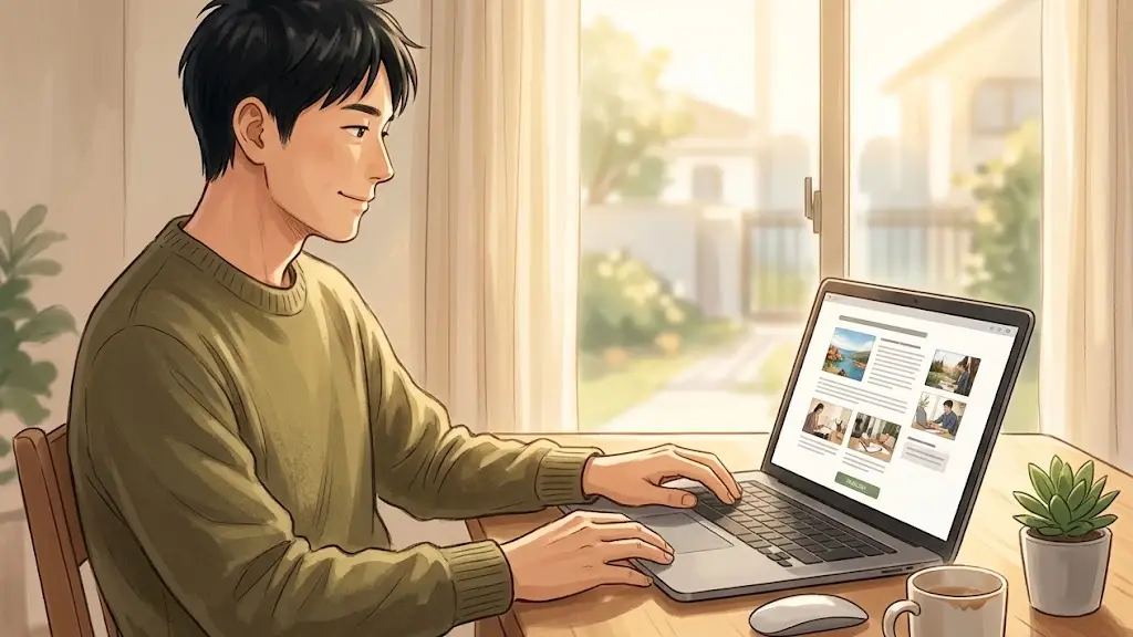 仕上がった記事全体のバランスを画面上で見届け満足そうに公開準備を進める日本人男性