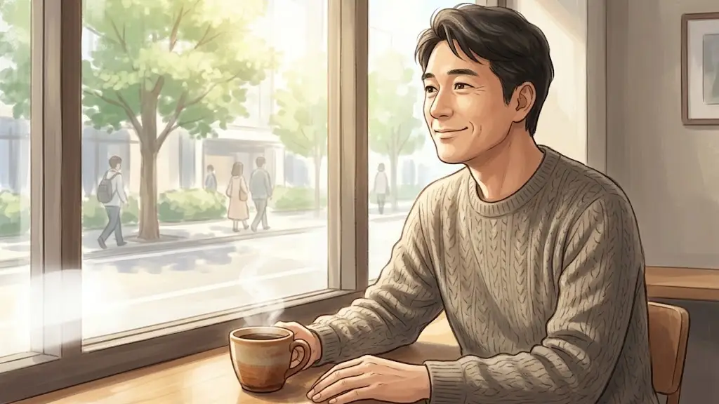 カフェの窓辺で穏やかな表情を浮かべて外の景色を眺める日本人男性