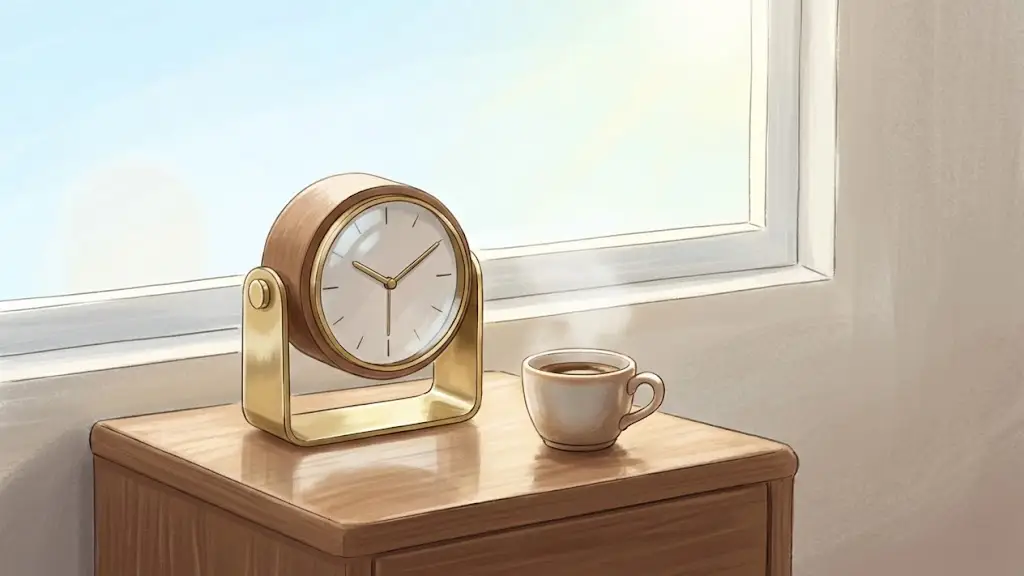 窓辺の机に置かれた小さな置き時計と朝の光