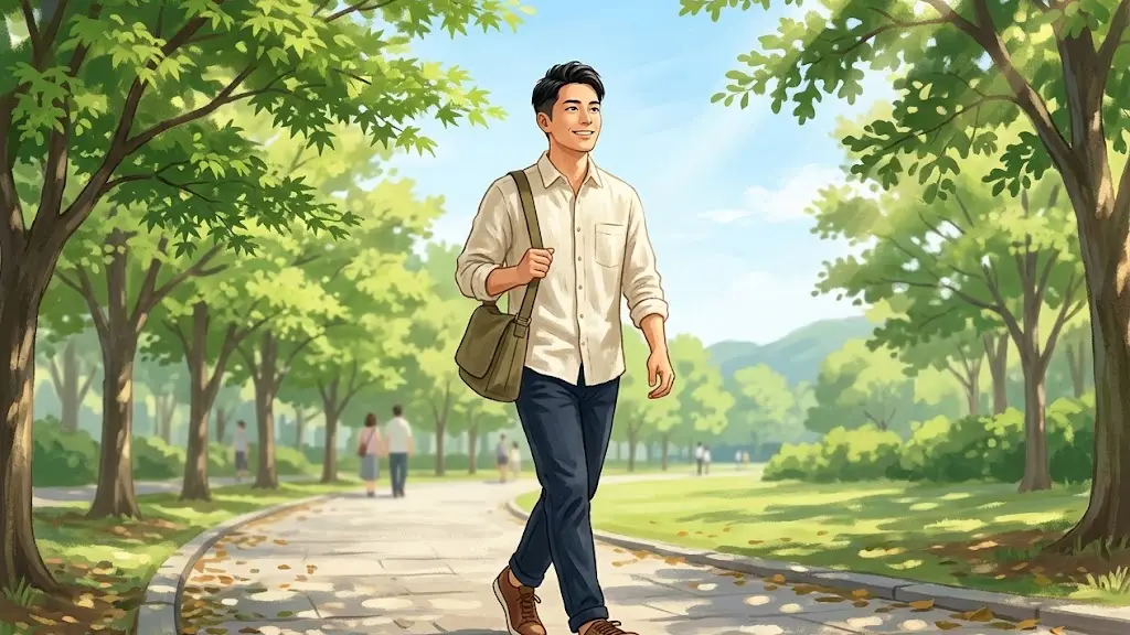 木漏れ日が差し込む並木道を前を向いて歩く日本人男性