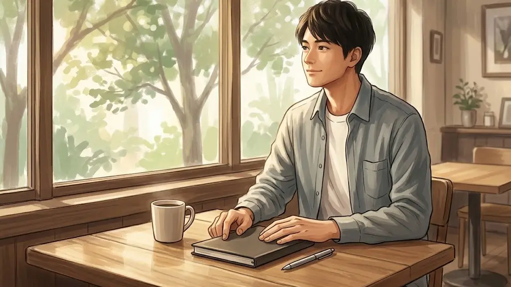 カフェの木製テーブルでコーヒーカップの横に置かれた手帳を閉じ穏やかな表情を浮かべる若い日本人男性