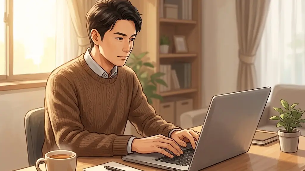 整頓されたデスクで集中してキーボードを叩きブログを書く日本人男性