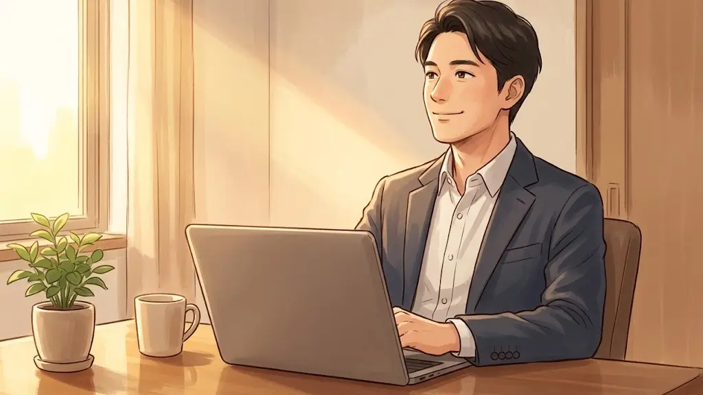 作業を終えてノートパソコンの前で穏やかな表情を浮かべる日本人男性