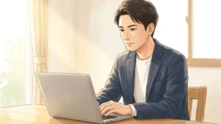 明るい部屋のデスクでノートパソコンを開き、落ち着いた表情で作業する日本人男性