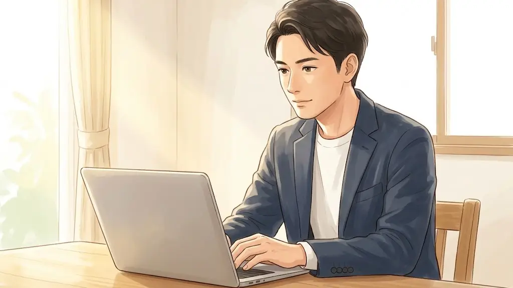 明るい部屋のデスクでノートパソコンを開き、落ち着いた表情で作業する日本人男性