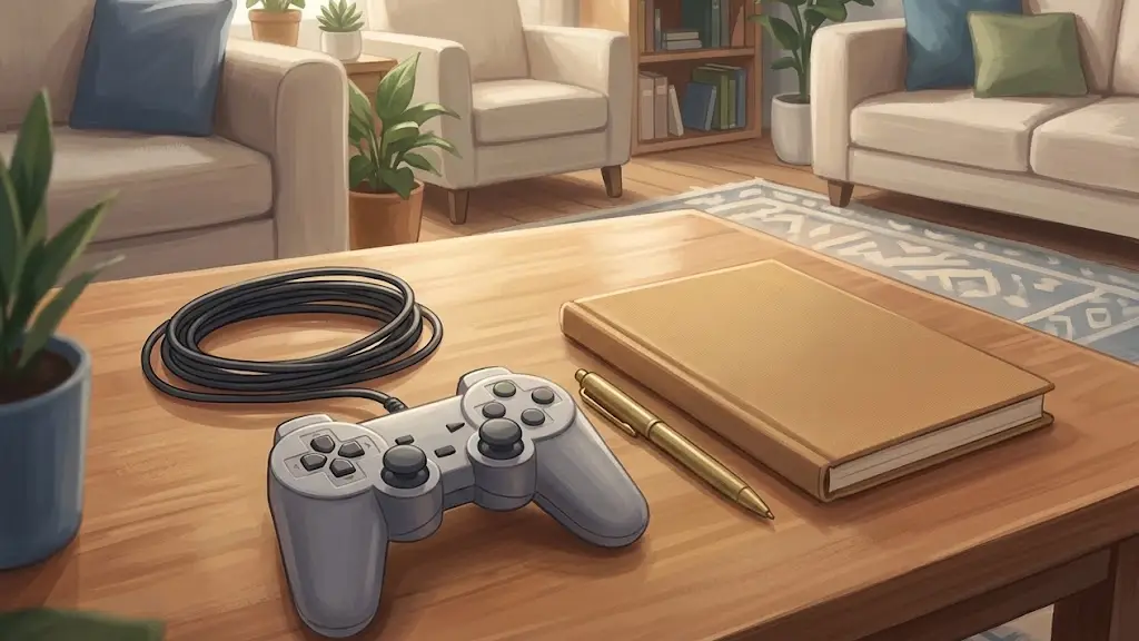 リビングの木製ローテーブルの上にきれいに置かれたクラシックなゲームコントローラーと無地の記録ノート