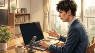 明るいワークスペースの木製デスクでノートパソコンに向かい音声入力でブログ記事のアイデアを整理する日本人の男性ブロガー