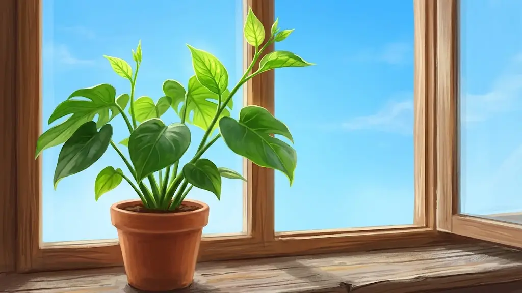 窓辺で青空に向かって真っ直ぐ伸びる観葉植物の若葉