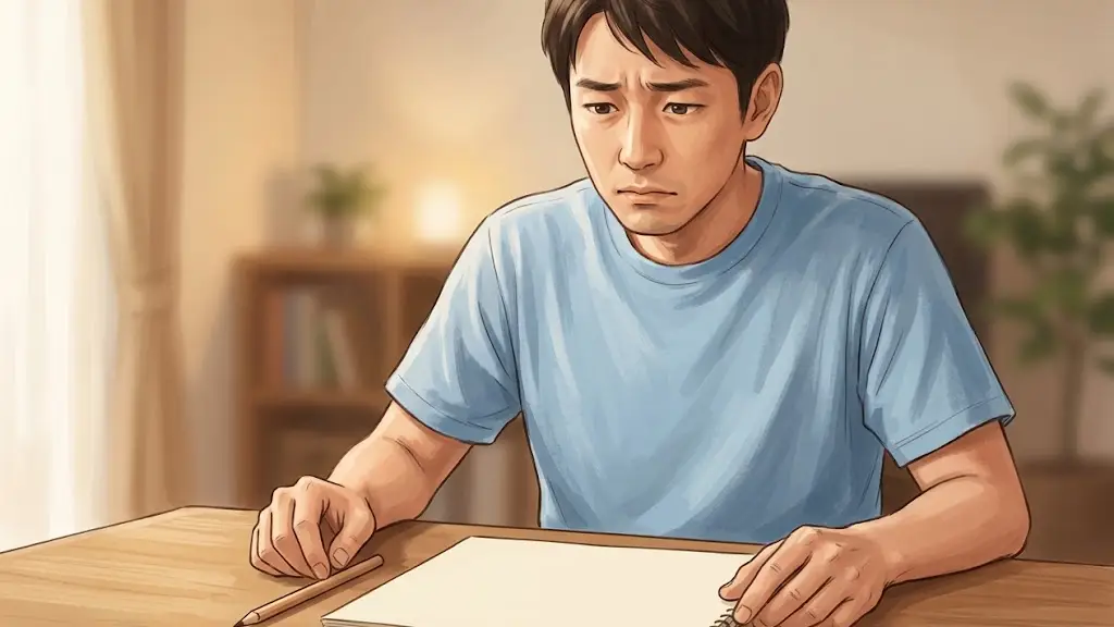 机の上に置かれたスケッチブックと鉛筆を困った表情で見つめる日本人男性