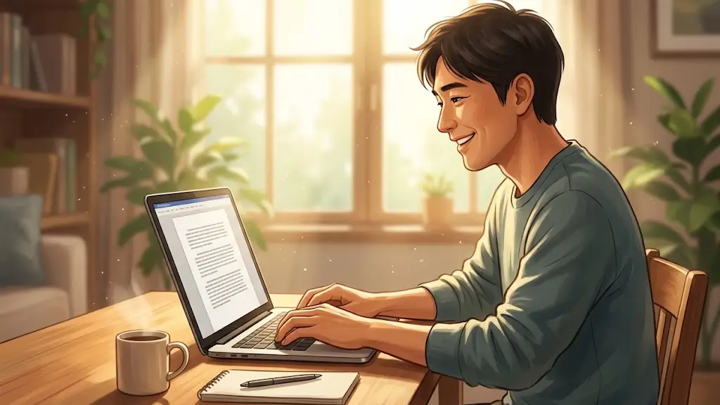 自然光が差し込む部屋で満足そうに微笑みながらノートパソコンを操作する日本人男性