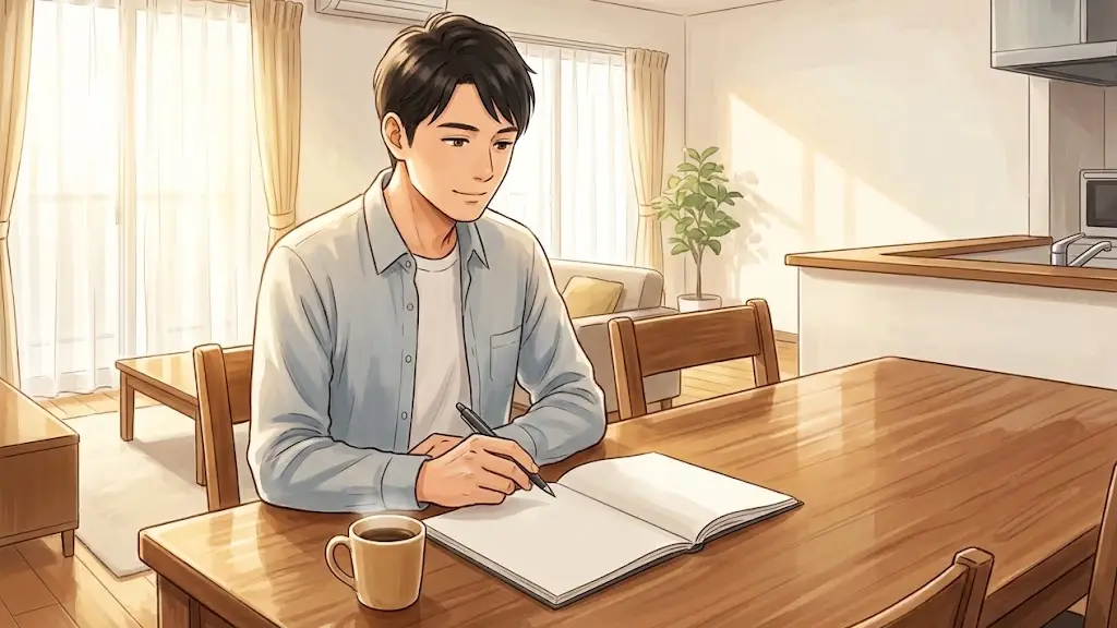 明るいリビングのテーブルで資産配分のメモ帳を広げて落ち着いた表情で考える日本人男性