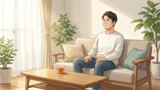 日当たりの良いリビングで温かいお茶を飲みながらくつろぐ日本人男性