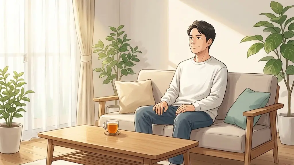 日当たりの良いリビングで温かいお茶を飲みながらくつろぐ日本人男性