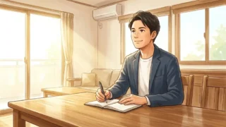 朝の光が差し込むリビングの木製テーブルでノートとペンを広げる日本人男性