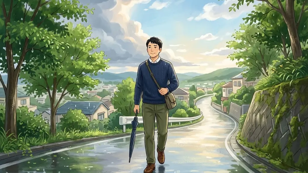 雨上がりの起伏ある坂道を穏やかな表情で歩く日本人男性