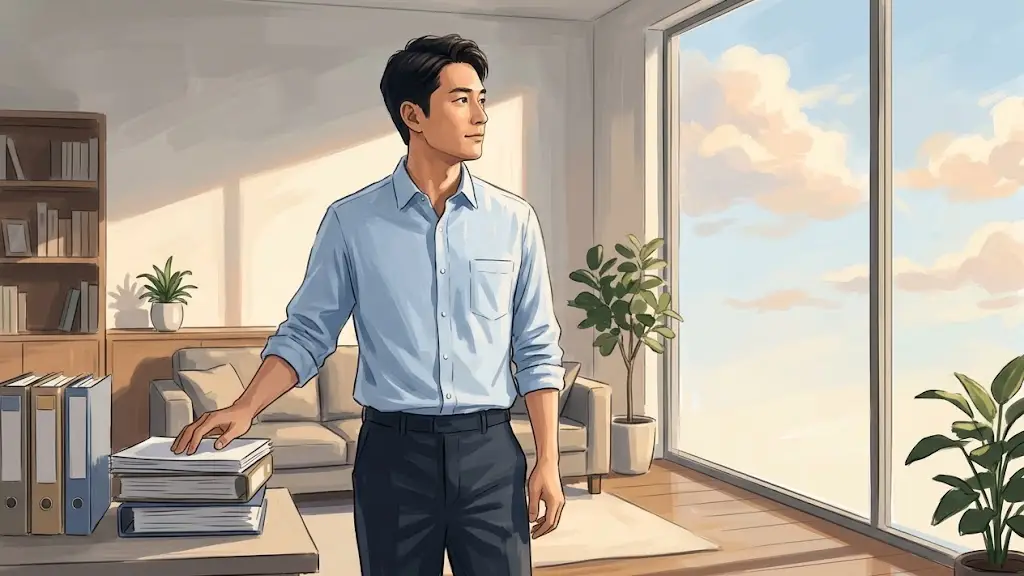 整然と並ぶ無機質な書類やまとめ資料から視線を外し、遠くを見つめて思索にふける日本人男性