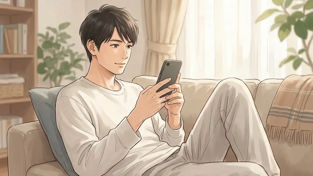 自宅のソファでくつろぎながら手元のスマートフォンを興味深そうに眺める日本人男性