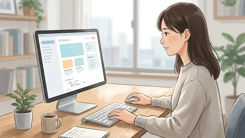 明るいデスクでマウスとキーボードを操作する日本人
