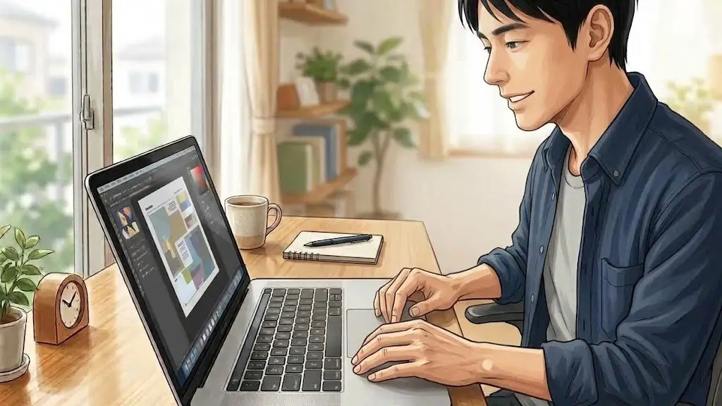椅子の背にもたれて画面を見つめ作業が形になったことに安堵する日本人男性