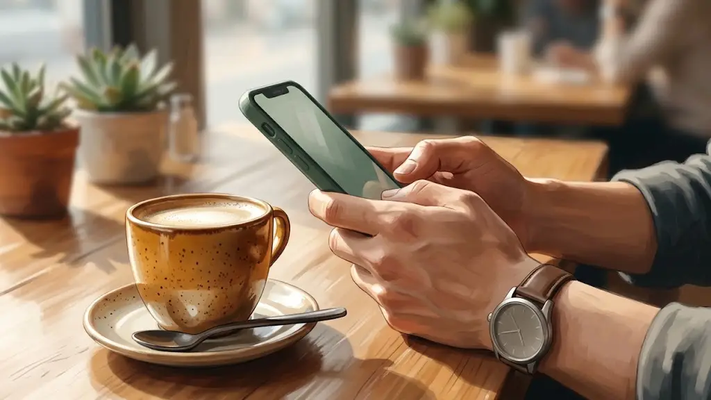 カフェのテーブルでスマートフォンを操作し、知りたい情報を即座に確認する日本人男性の手元