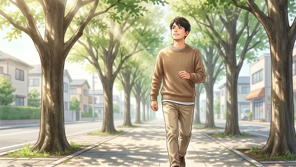 朝の光が差し込む街路樹の歩道を前を向いて爽やかに歩く若い日本人男性