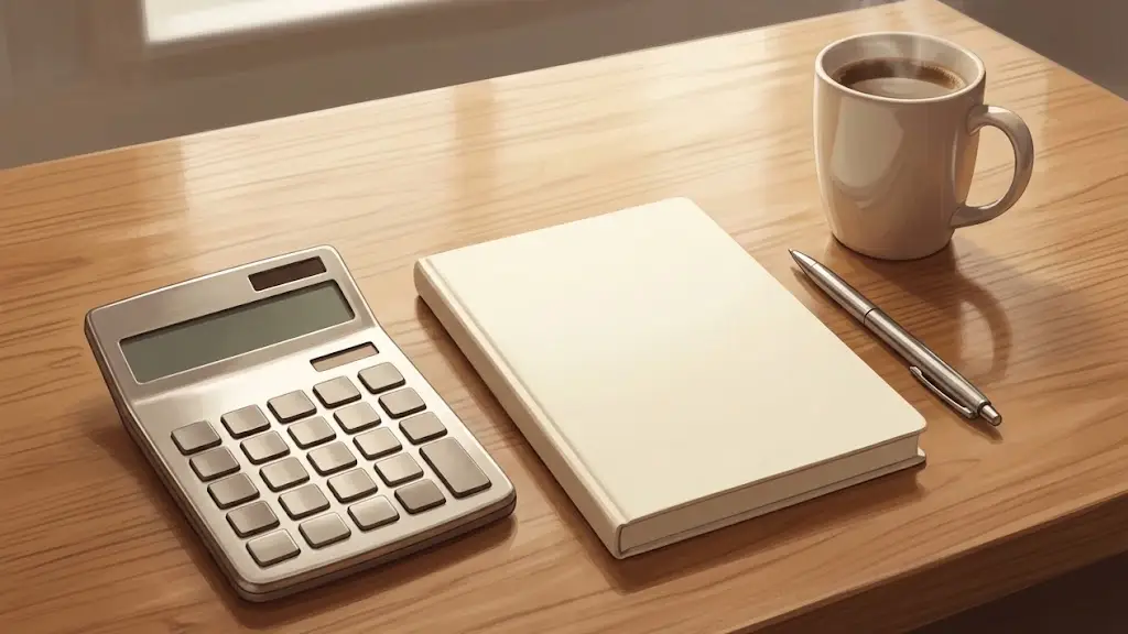 木製テーブルの上に置かれた電卓と手書き風のノートおよびコーヒーカップ
