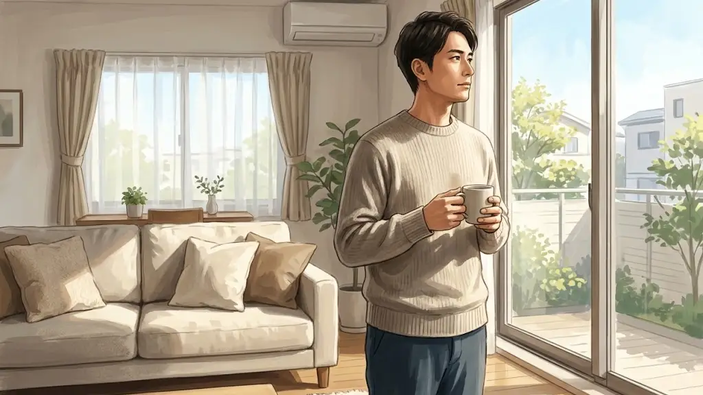明るいリビングの窓辺でコーヒーカップを手に物思いにふける日本人男性