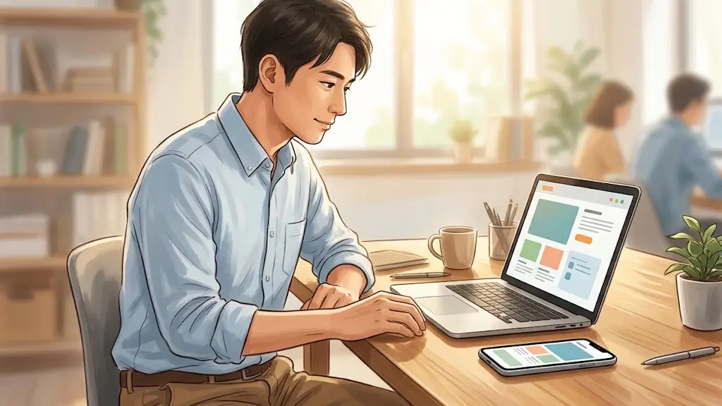 デスクの上に置かれたノートPCとスマートフォンの画面を確認する様子