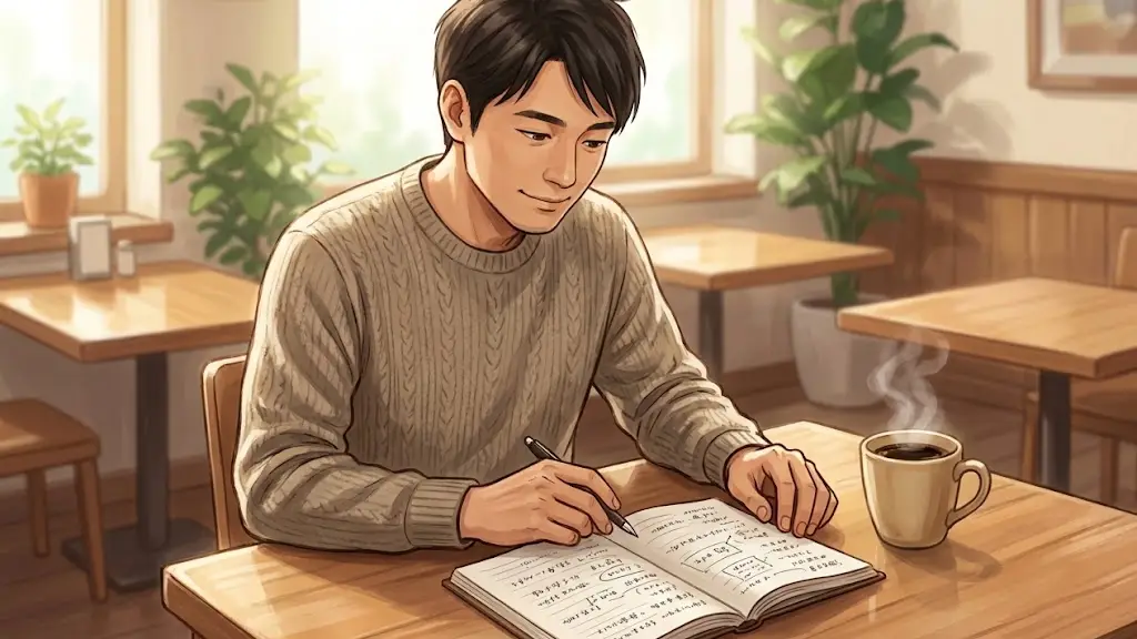 カフェのテーブルでメモ帳を広げて納得した表情を浮かべる日本人男性