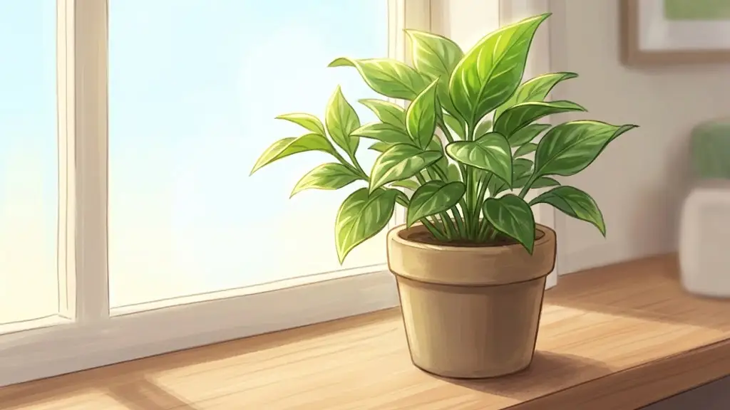 日当たりの良い窓辺に置かれたすくすくと育つ元気な観葉植物の鉢植え