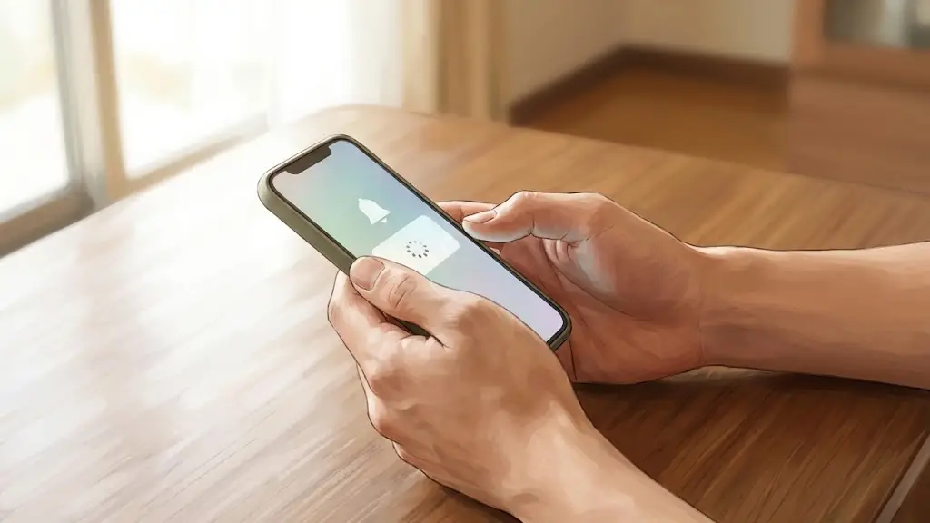テーブルの上のスマートフォンを手に取り画面を確認する男性の手元