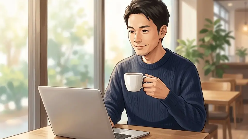 明るいカフェの窓際席で、ノートPCの画面を見つめながら落ち着いた表情でコーヒーカップを持つ日本人男性